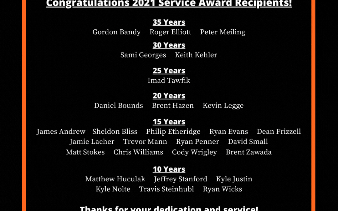 CONGRATULATIONS to our 2021 Service Award Recipients Representing 505 Years of Combined Service to Custom Electric